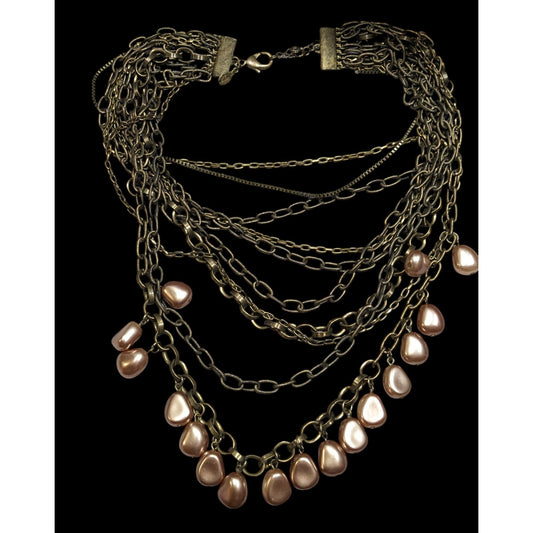 Chicos Rustic Glam Kyleen Brass Tone And Faux Pearl Multilayer Necklace