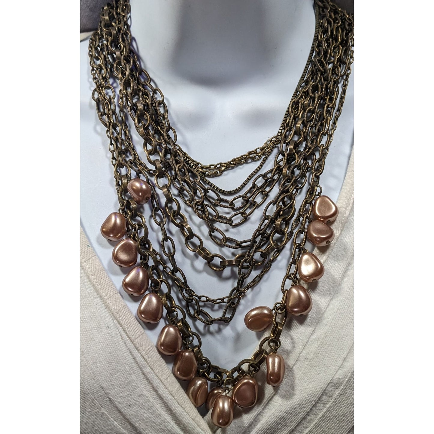 Chicos Rustic Glam Kyleen Brass Tone And Faux Pearl Multilayer Necklace