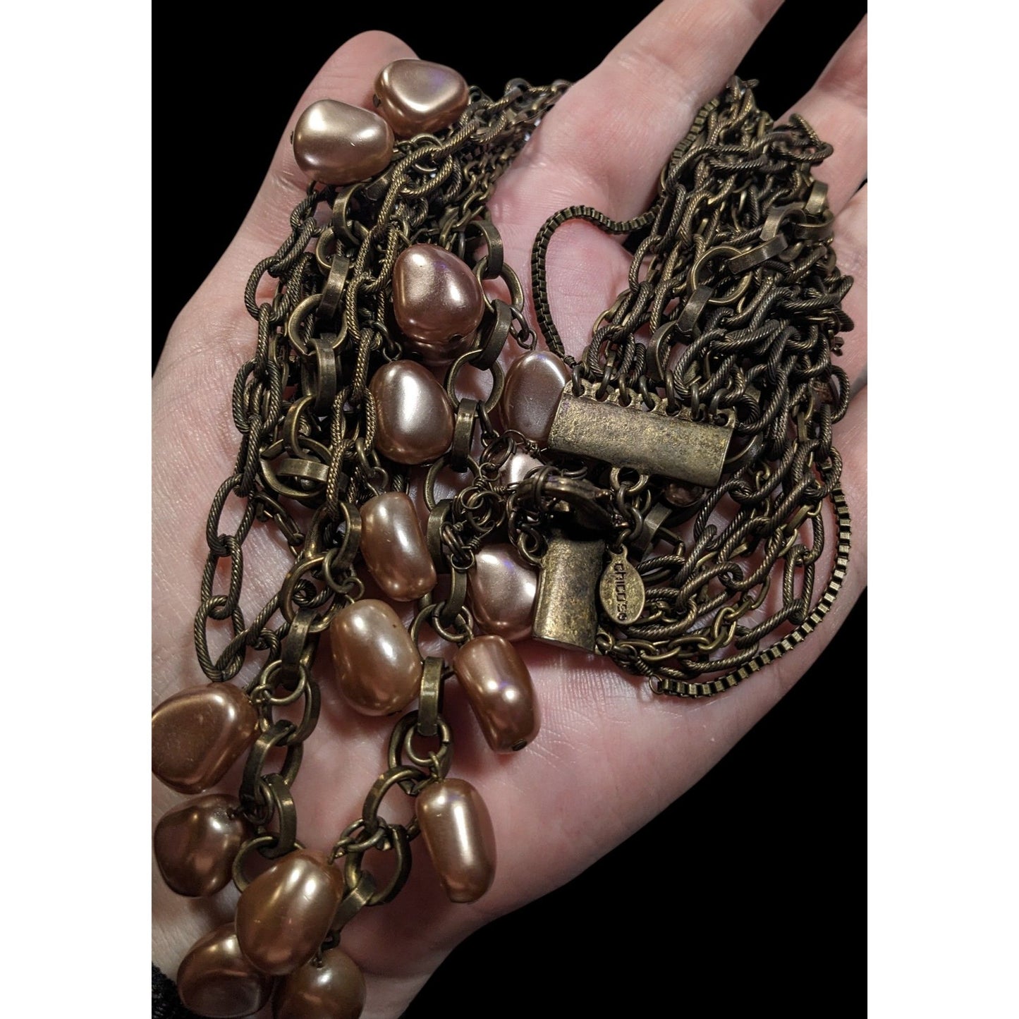 Chicos Rustic Glam Kyleen Brass Tone And Faux Pearl Multilayer Necklace