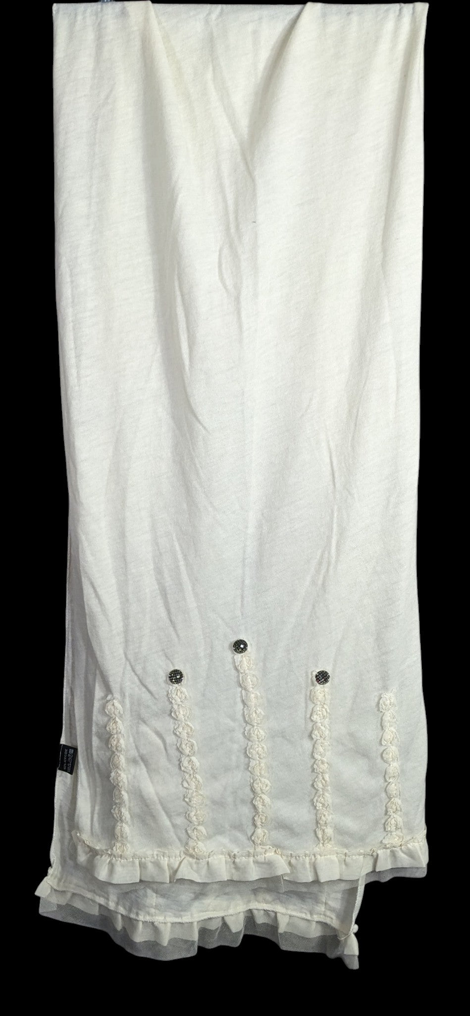 Vintage French Coquette White Scarf With Lace & Button Accents 100% Acrylic 82"x20"