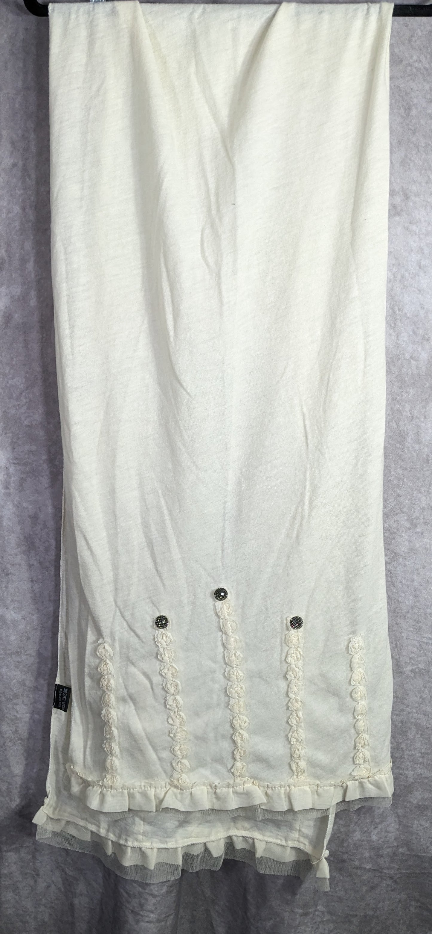 Vintage French Coquette White Scarf With Lace & Button Accents 100% Acrylic 82"x20"