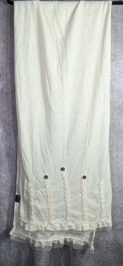 Vintage French Coquette White Scarf With Lace & Button Accents 100% Acrylic 82"x20"