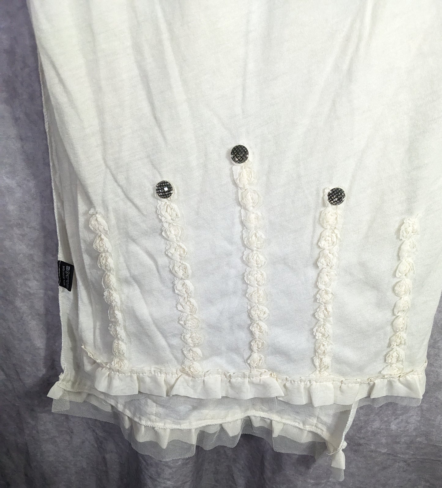 Vintage French Coquette White Scarf With Lace & Button Accents 100% Acrylic 82"x20"
