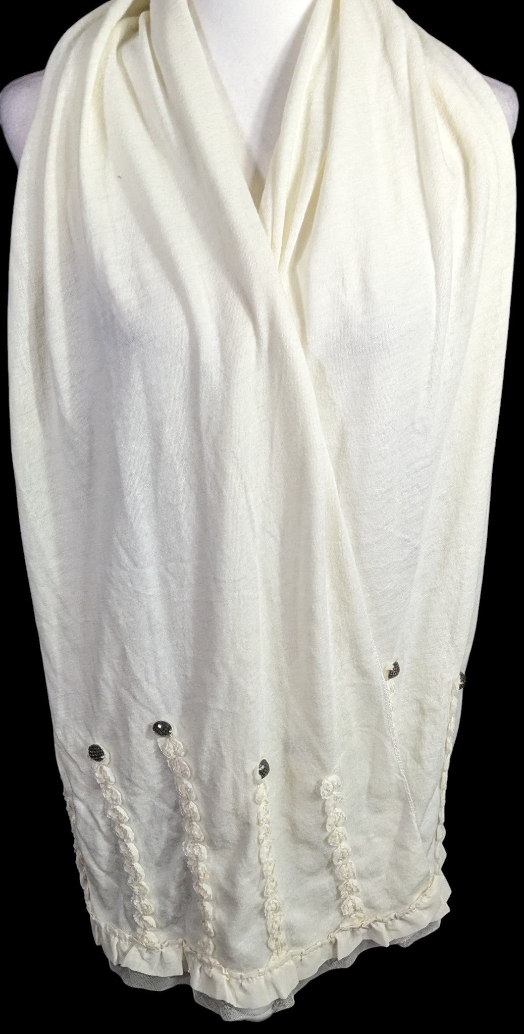 Vintage French Coquette White Scarf With Lace & Button Accents 100% Acrylic 82"x20"