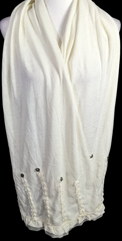 Vintage French Coquette White Scarf With Lace & Button Accents 100% Acrylic 82"x20"