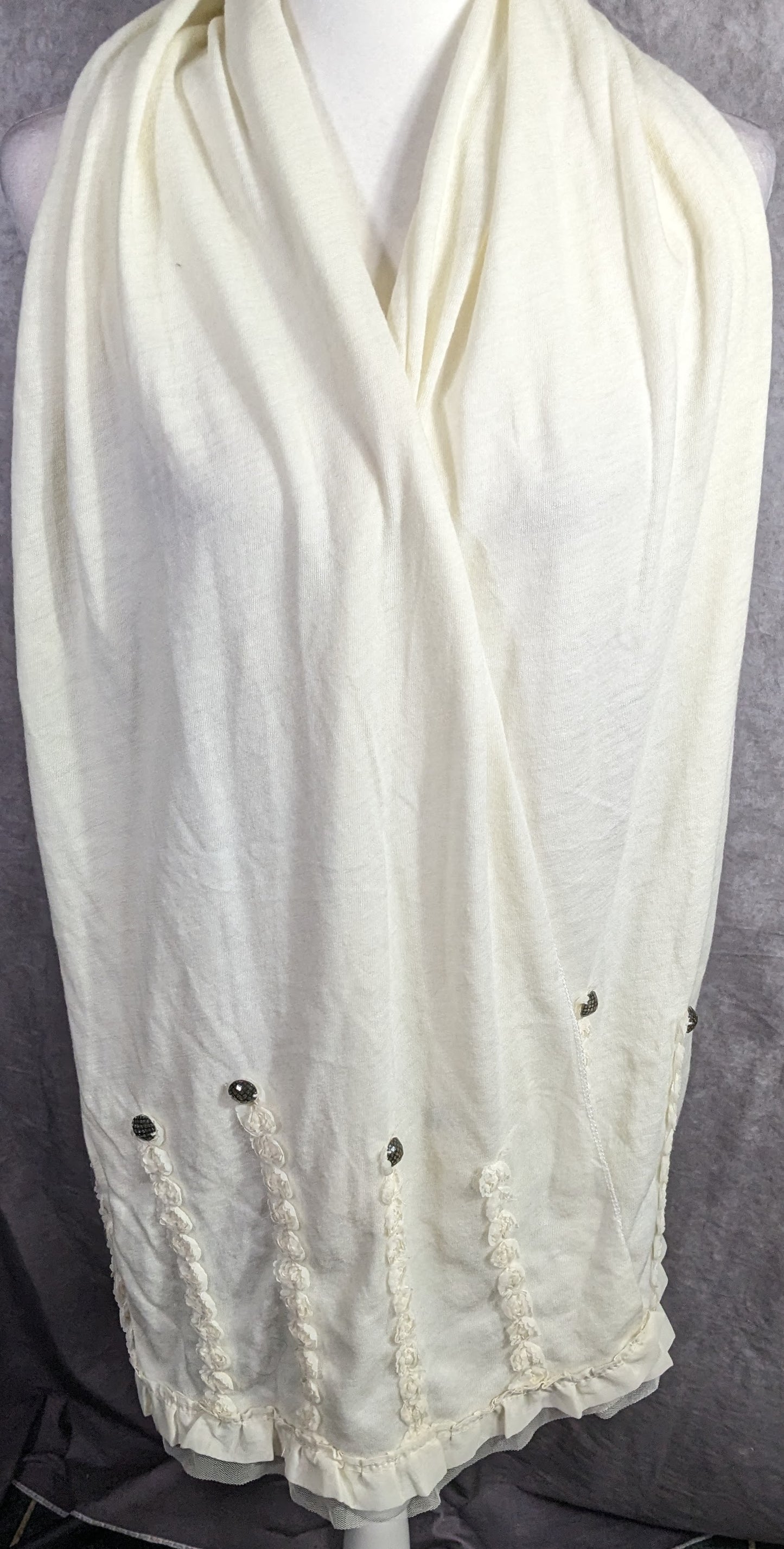 Vintage French Coquette White Scarf With Lace & Button Accents 100% Acrylic 82"x20"