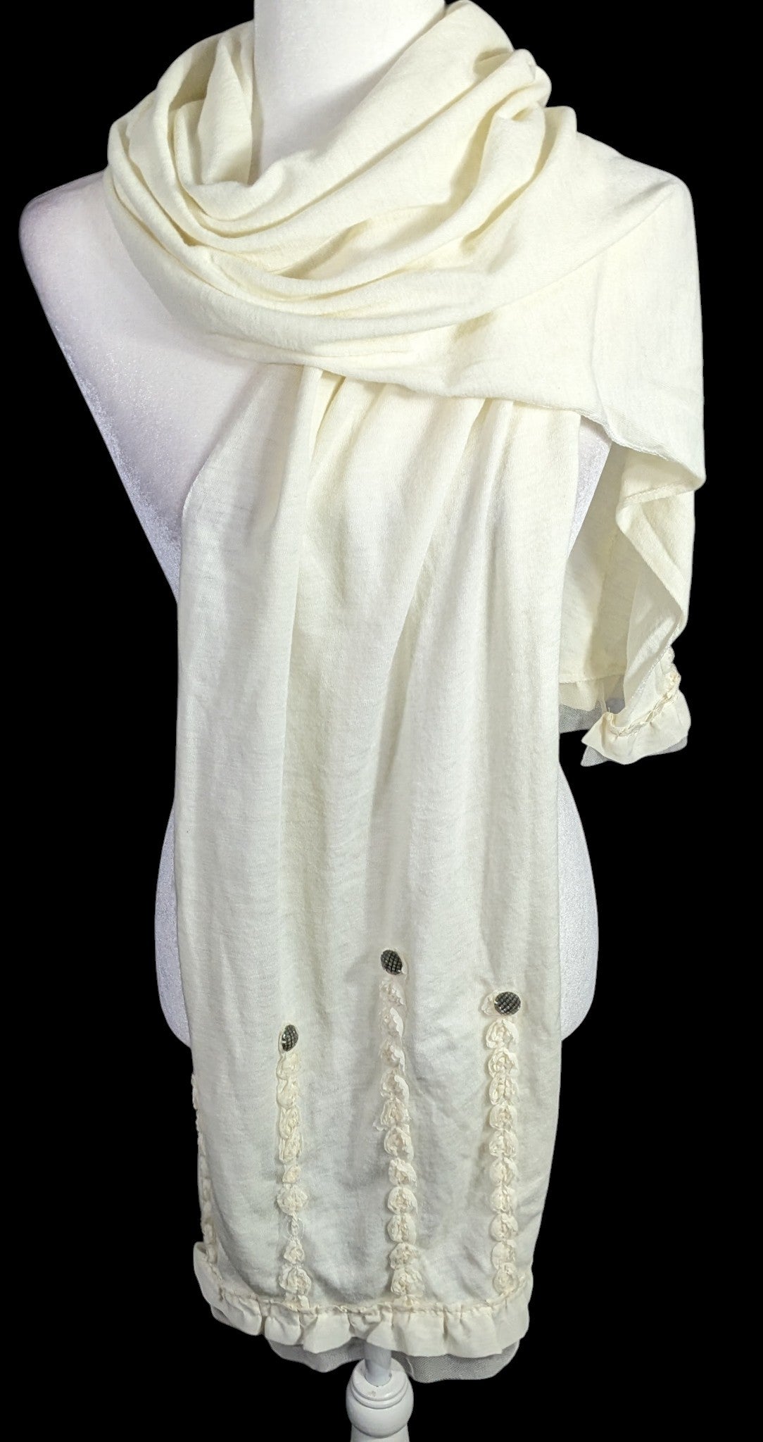 Vintage French Coquette White Scarf With Lace & Button Accents 100% Acrylic 82"x20"