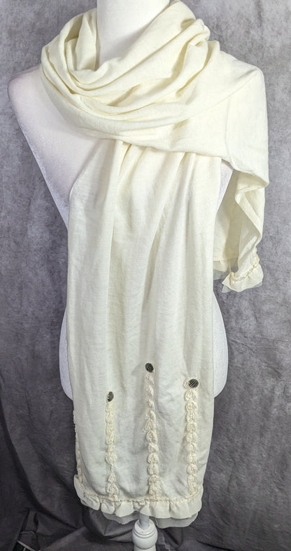 Vintage French Coquette White Scarf With Lace & Button Accents 100% Acrylic 82"x20"