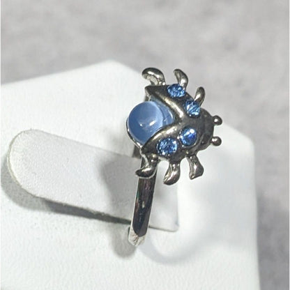 Fairycore Ladybug Blue And Silver Tone Rhinestone Cateye Adjustable Ring Size 7