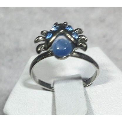 Fairycore Ladybug Blue And Silver Tone Rhinestone Cateye Adjustable Ring Size 7