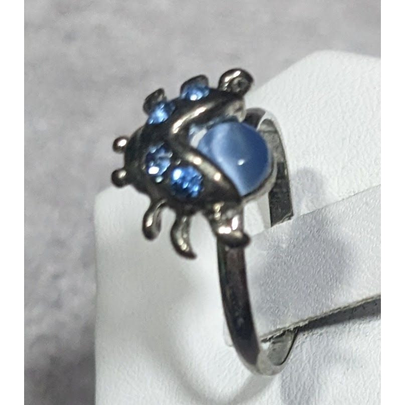 Fairycore Ladybug Blue And Silver Tone Rhinestone Cateye Adjustable Ring Size 7