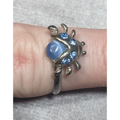 Fairycore Ladybug Blue And Silver Tone Rhinestone Cateye Adjustable Ring Size 7