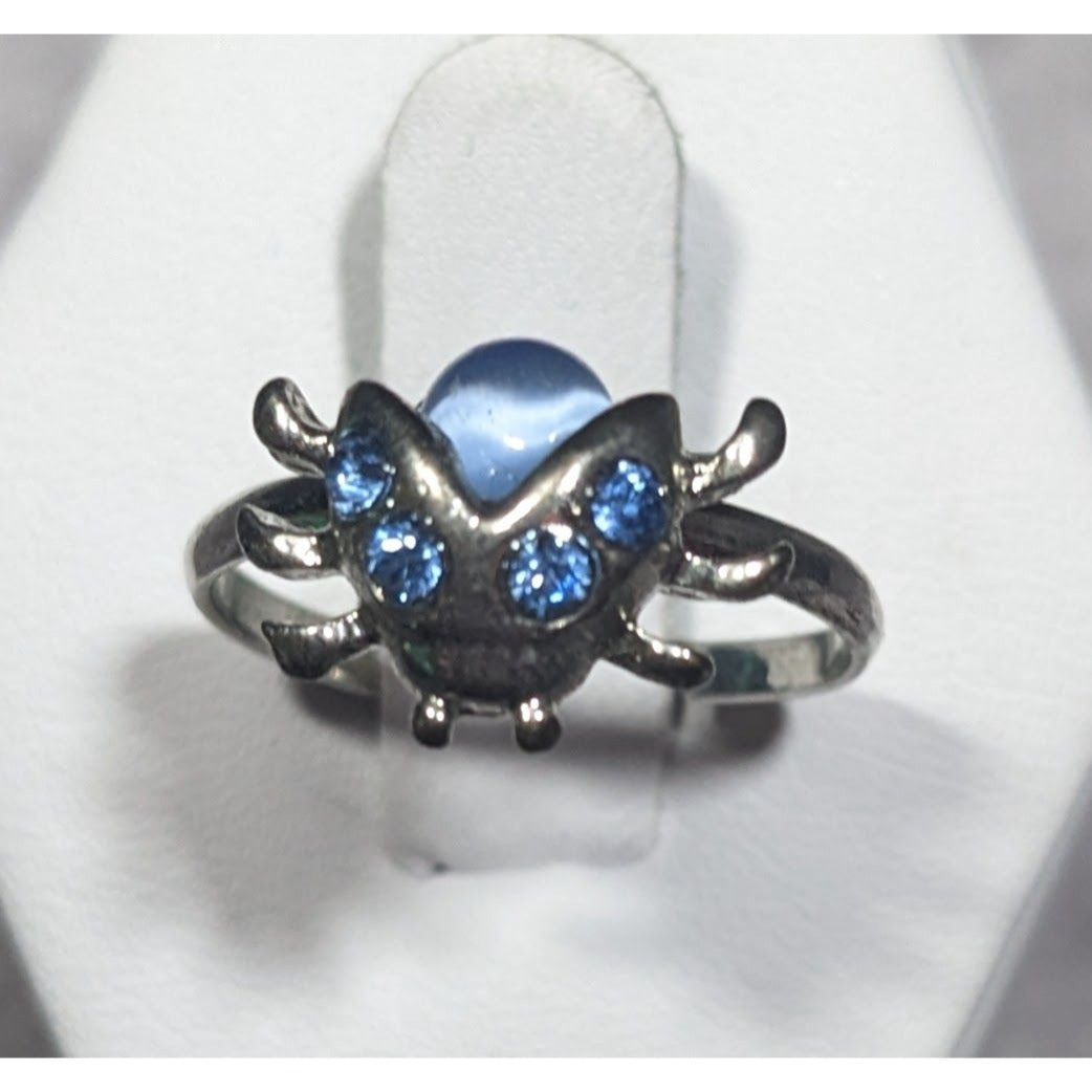 Fairycore Ladybug Blue And Silver Tone Rhinestone Cateye Adjustable Ring Size 7