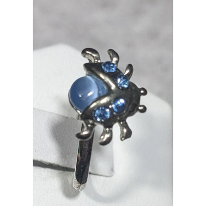 Fairycore Ladybug Blue And Silver Tone Rhinestone Cateye Adjustable Ring Size 7