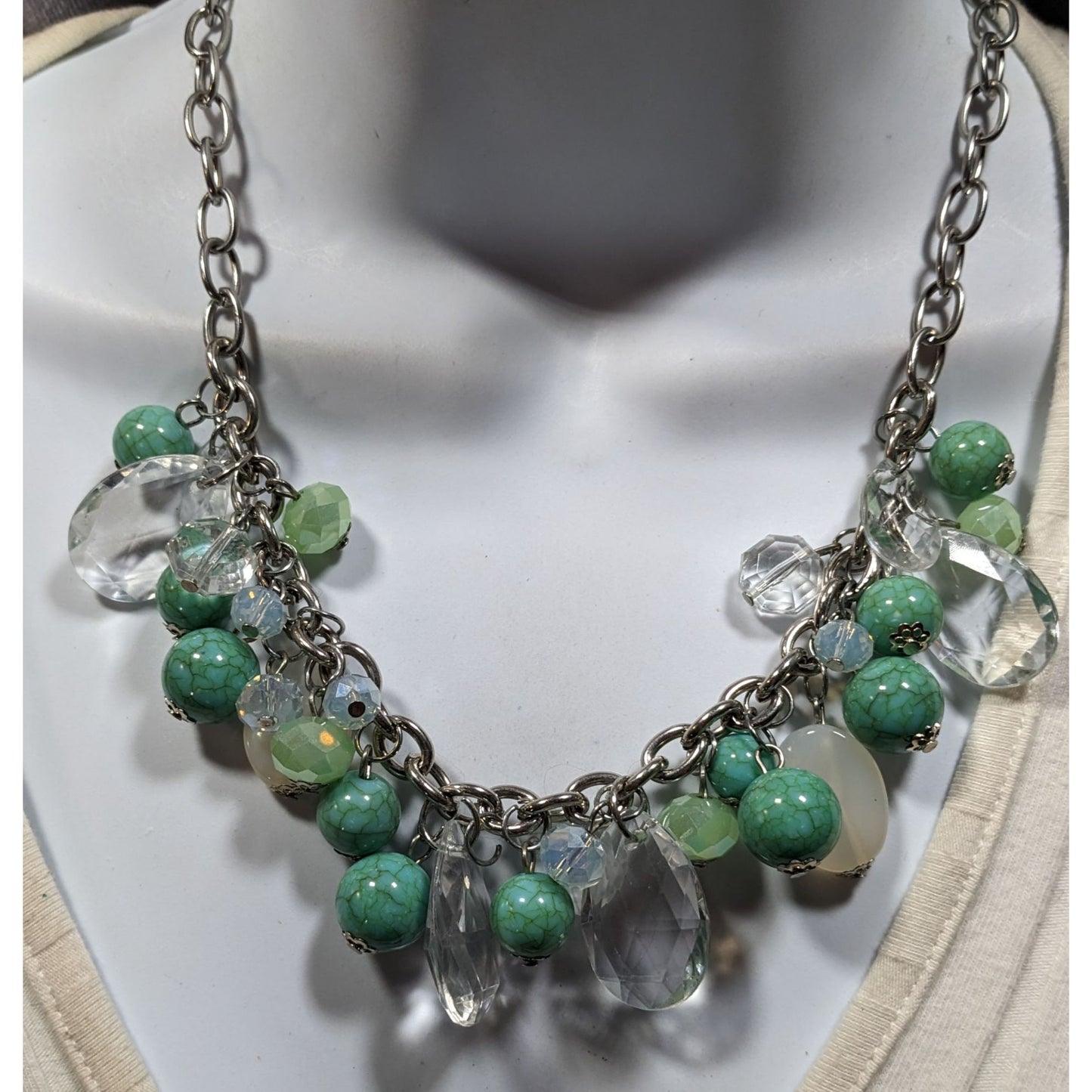 Vintage Clear And Faux Turquoise Beaded Cluster Charm Necklace