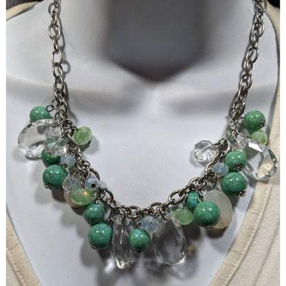 Vintage Clear And Faux Turquoise Beaded Cluster Charm Necklace