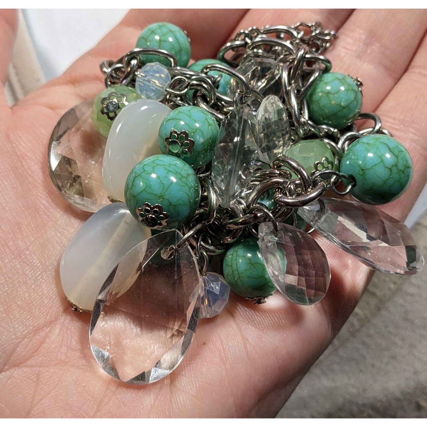Vintage Clear And Faux Turquoise Beaded Cluster Charm Necklace