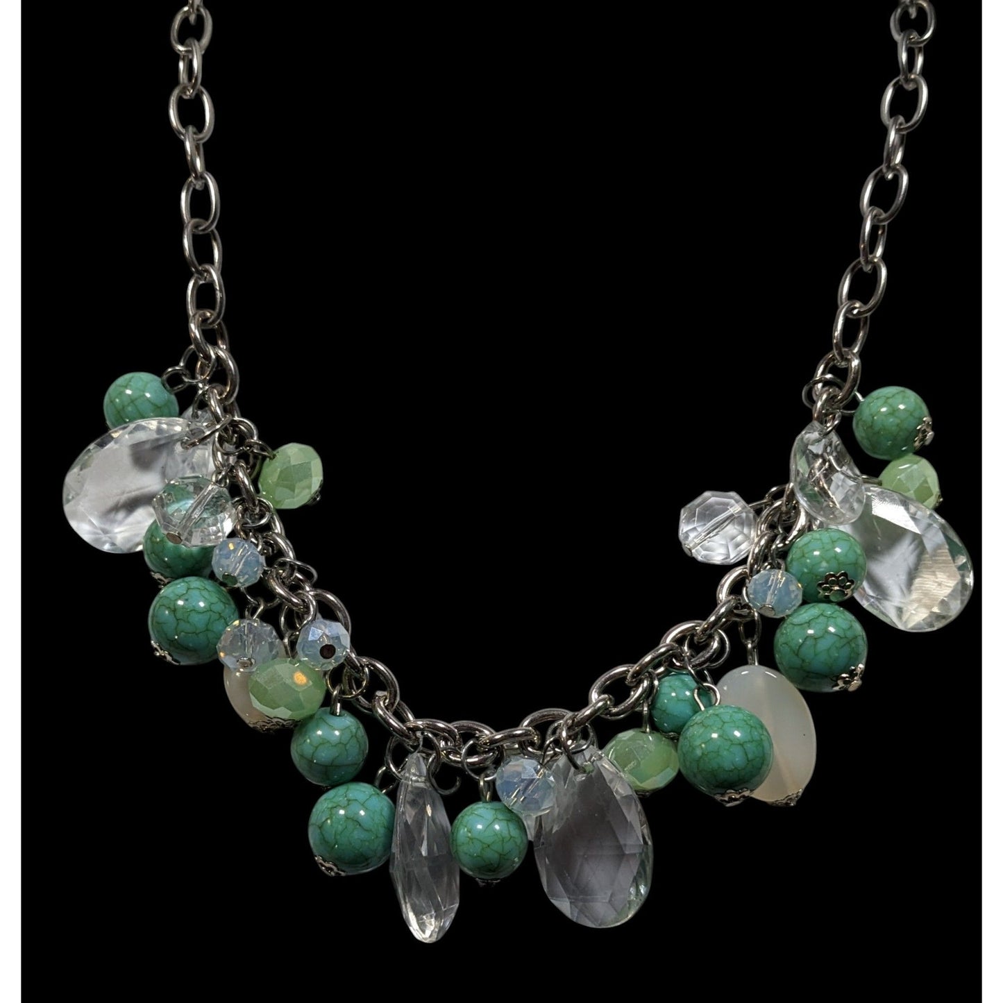 Vintage Clear And Faux Turquoise Beaded Cluster Charm Necklace