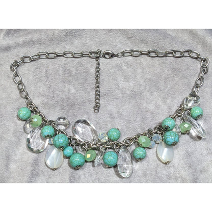 Vintage Clear And Faux Turquoise Beaded Cluster Charm Necklace