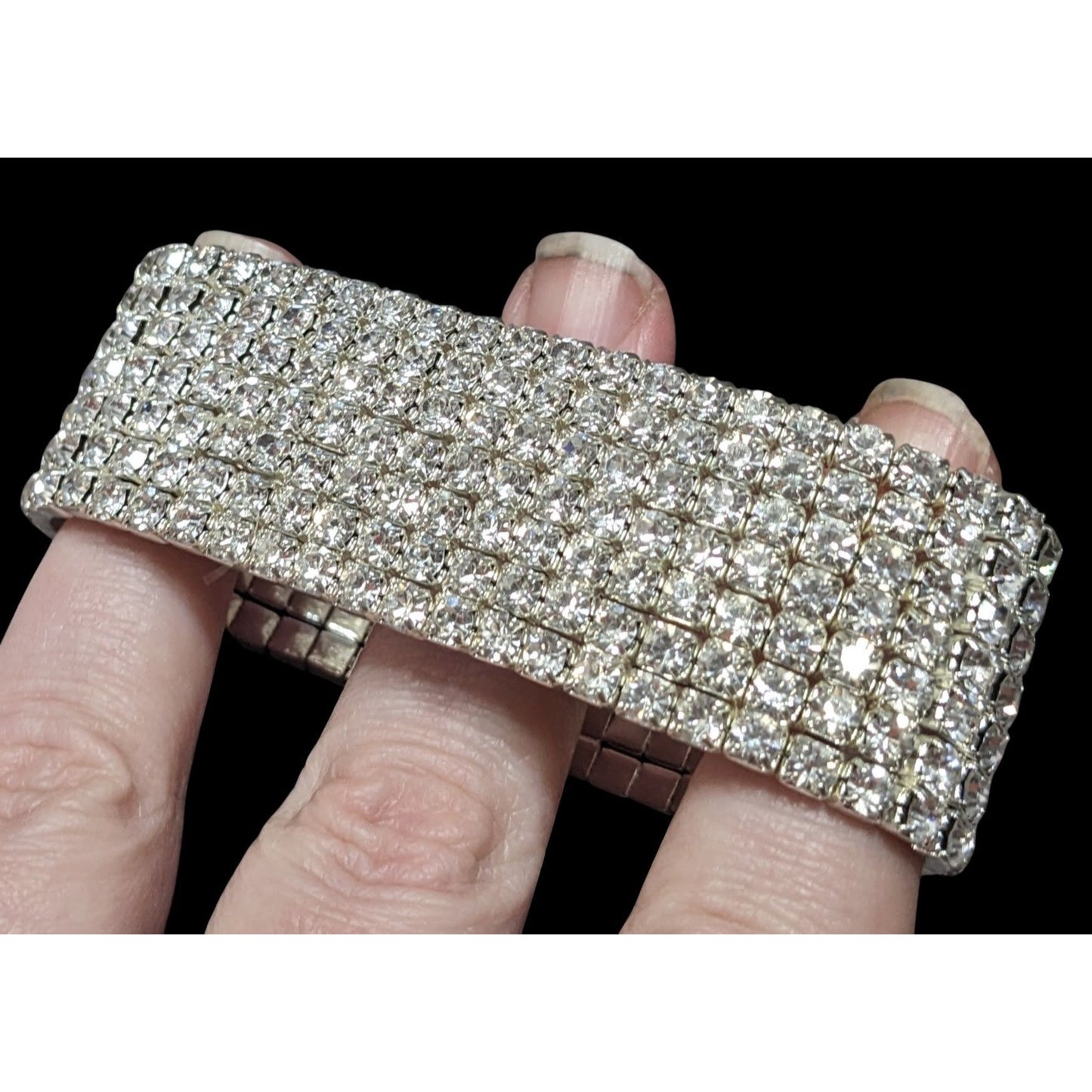 Vintage Glam 7 Row Rhinestone Silver Tone Stretch Bracelet