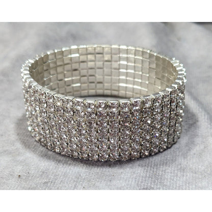 Vintage Glam 7 Row Rhinestone Silver Tone Stretch Bracelet
