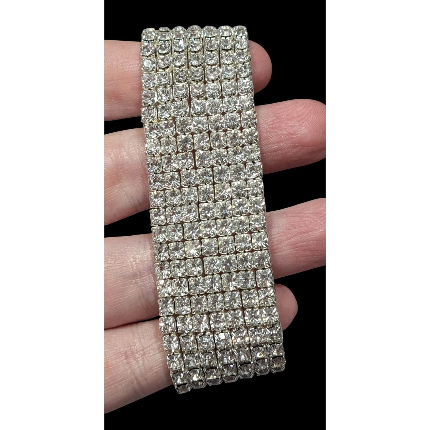 Vintage Glam 7 Row Rhinestone Silver Tone Stretch Bracelet