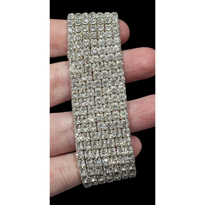 Vintage Glam 7 Row Rhinestone Silver Tone Stretch Bracelet