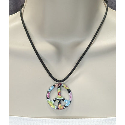 Rainbow Floral Hippie Peace Sign Pendant Necklace