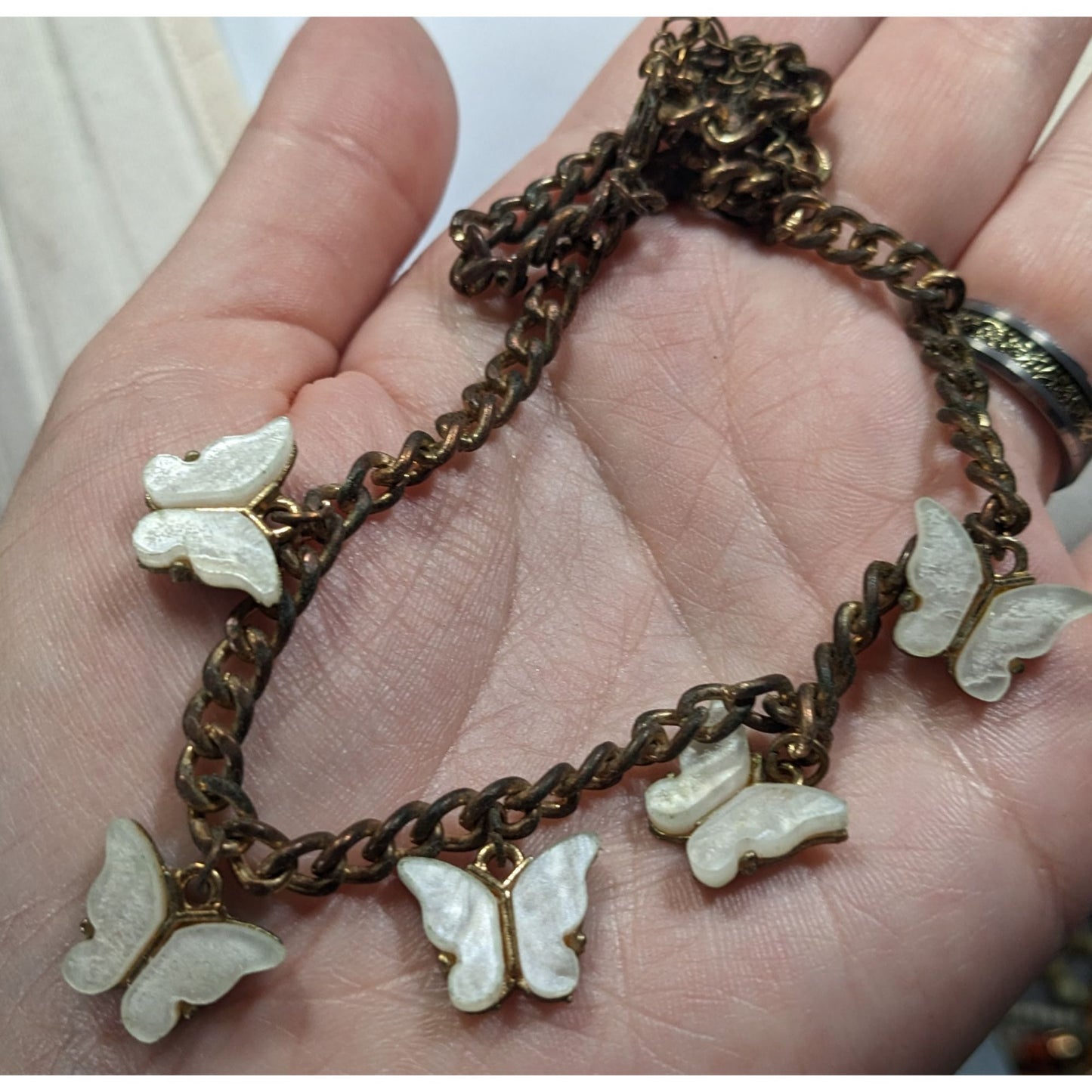 Fairycore Butterfly White And Antiqued Gold Tone Charm Necklace