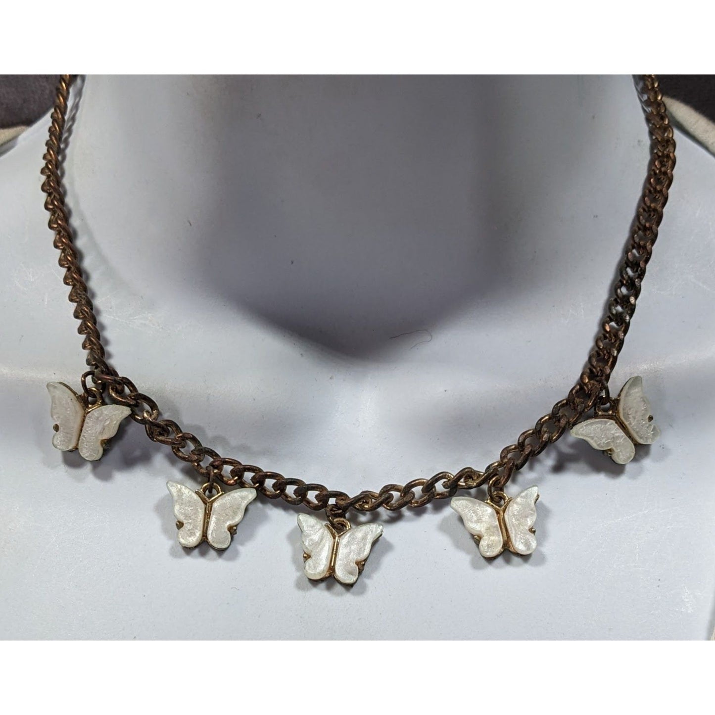 Fairycore Butterfly White And Antiqued Gold Tone Charm Necklace