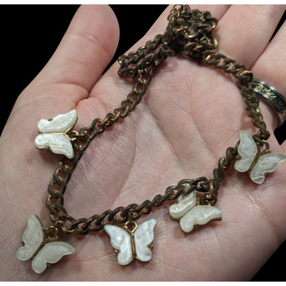 Fairycore Butterfly White And Antiqued Gold Tone Charm Necklace