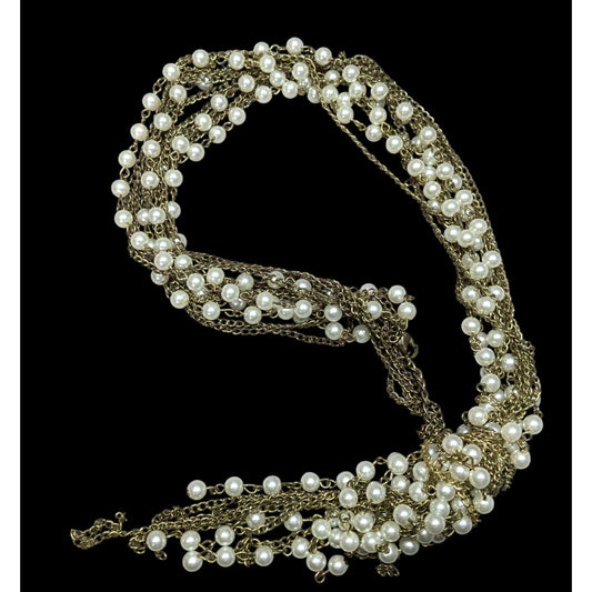 Retro 80s Style Glam Metal Gold-Tone Chain Necklace With Faux Pearl Beads & Tassel Accent