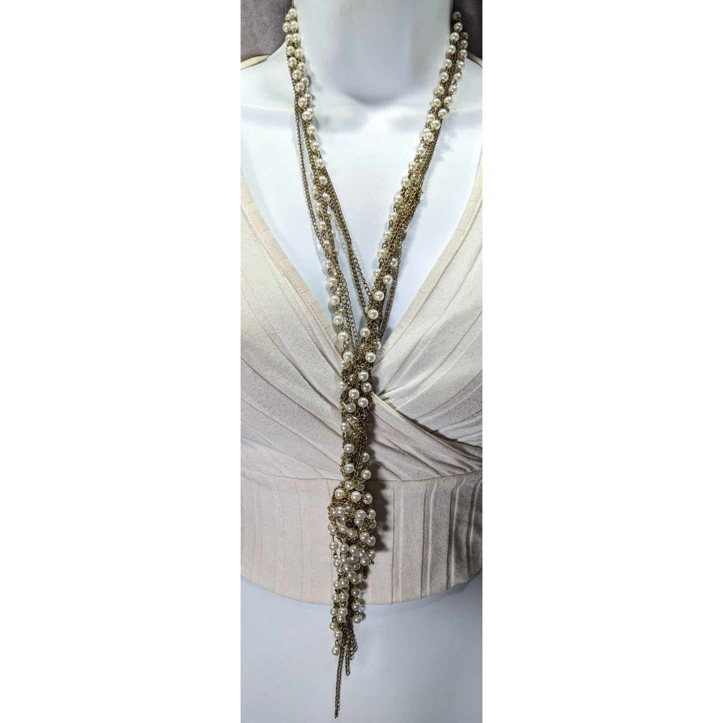 Retro 80s Style Glam Metal Gold-Tone Chain Necklace With Faux Pearl Beads & Tassel Accent