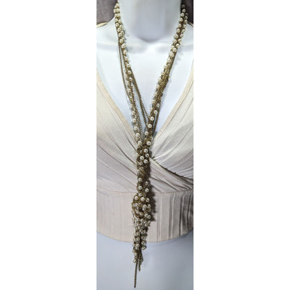 Retro 80s Style Glam Metal Gold-Tone Chain Necklace With Faux Pearl Beads & Tassel Accent