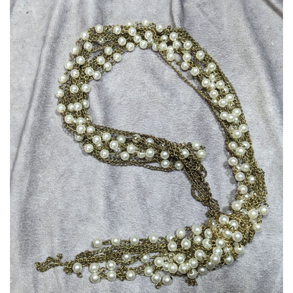 Retro 80s Style Glam Metal Gold-Tone Chain Necklace With Faux Pearl Beads & Tassel Accent