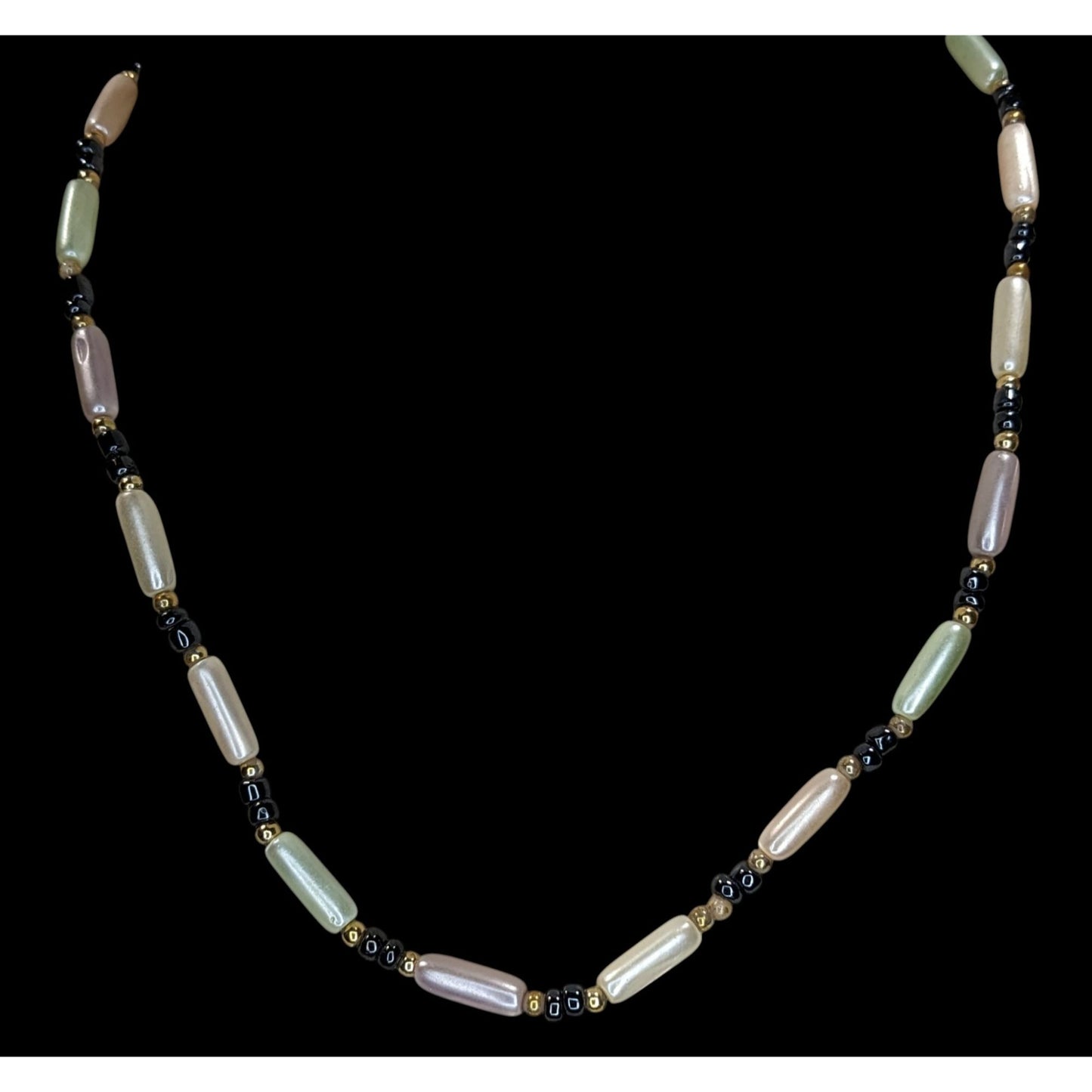 Vintage Y2K Coquette Pastel Faux Pearl Beaded Necklace Pink Green Black Gold Tone