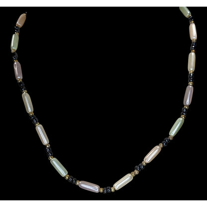 Vintage Y2K Coquette Pastel Faux Pearl Beaded Necklace Pink Green Black Gold Tone