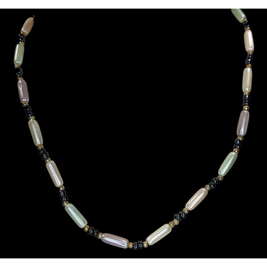 Vintage Y2K Coquette Pastel Faux Pearl Beaded Necklace Pink Green Black Gold Tone