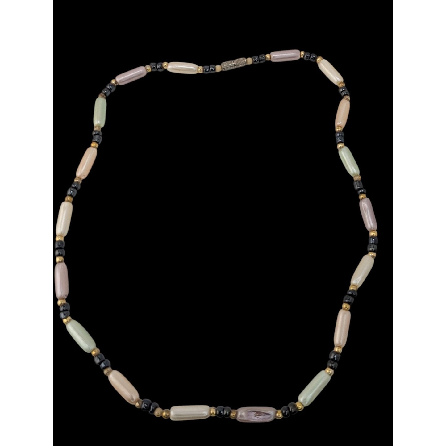 Vintage Y2K Coquette Pastel Faux Pearl Beaded Necklace Pink Green Black Gold Tone