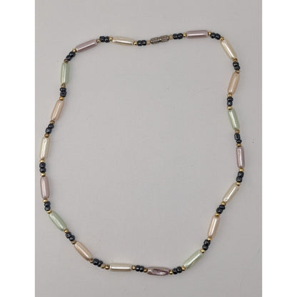 Vintage Y2K Coquette Pastel Faux Pearl Beaded Necklace Pink Green Black Gold Tone