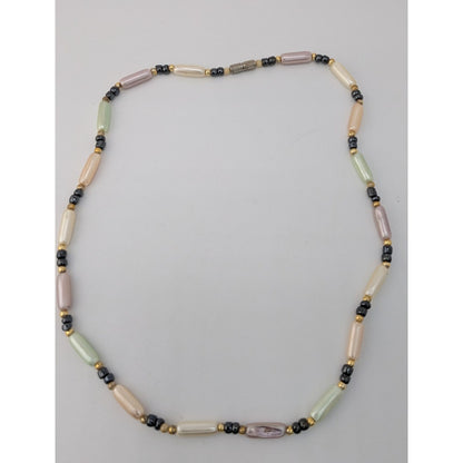 Vintage Y2K Coquette Pastel Faux Pearl Beaded Necklace Pink Green Black Gold Tone