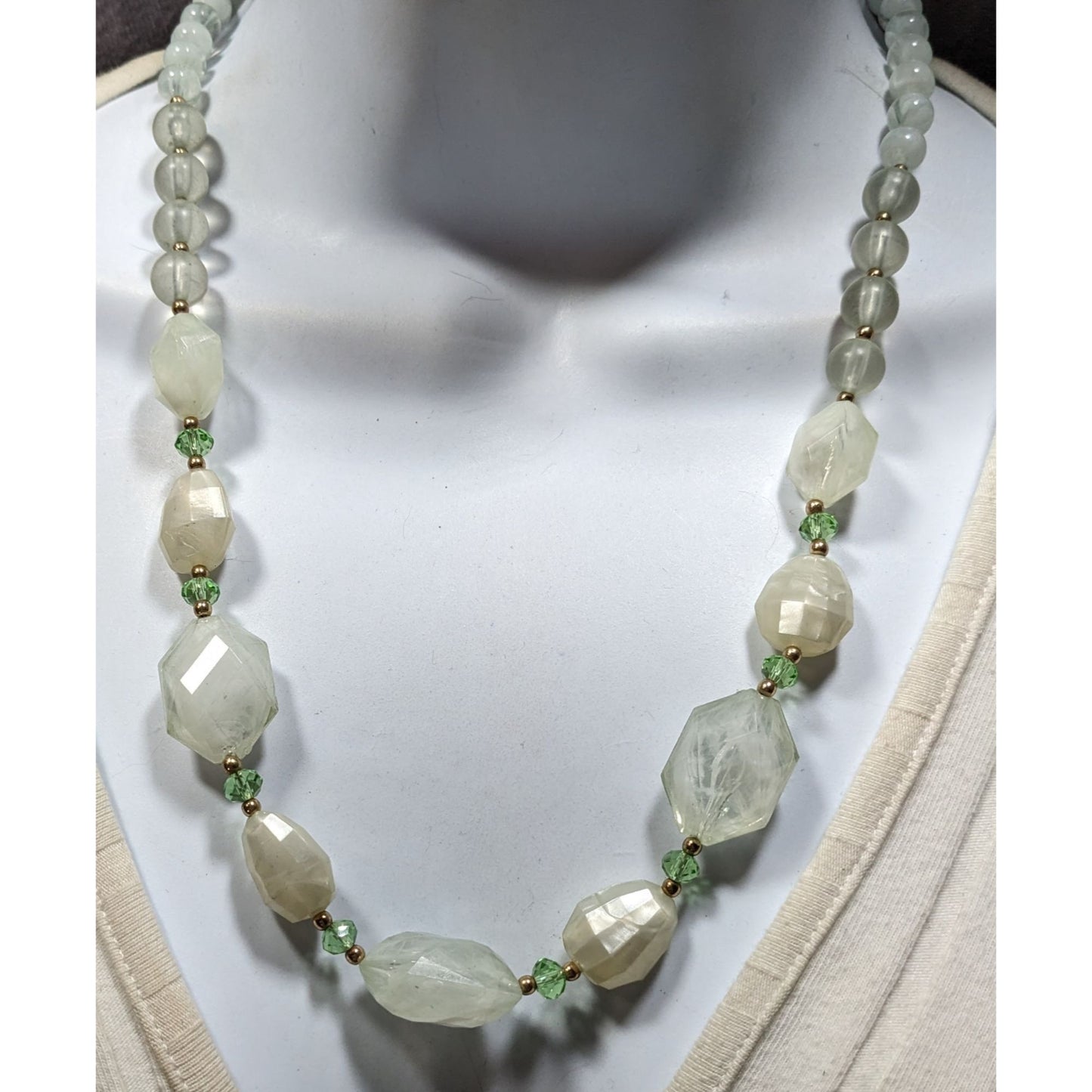 Frosted Mint Beaded Necklace With Gold Tone Accents