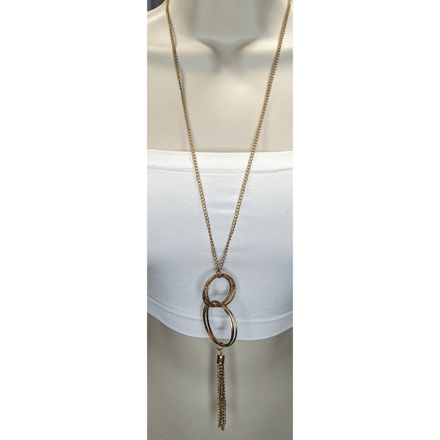 Gold Double Ring Pendant Necklace Chain Tassel Boho Statement Jewelry