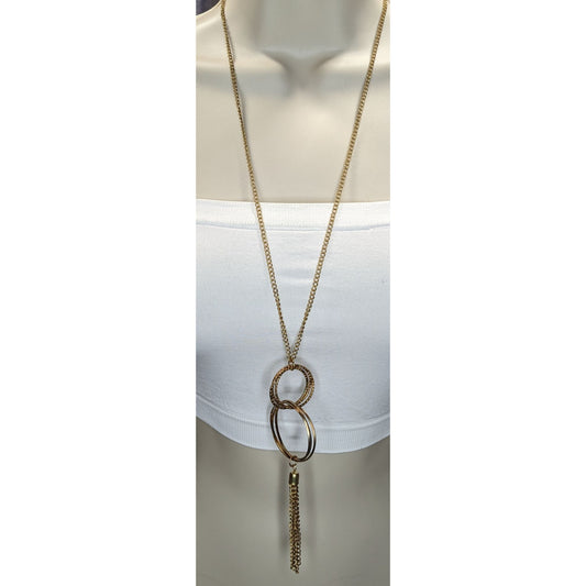 Gold Double Ring Pendant Necklace Chain Tassel Boho Statement Jewelry