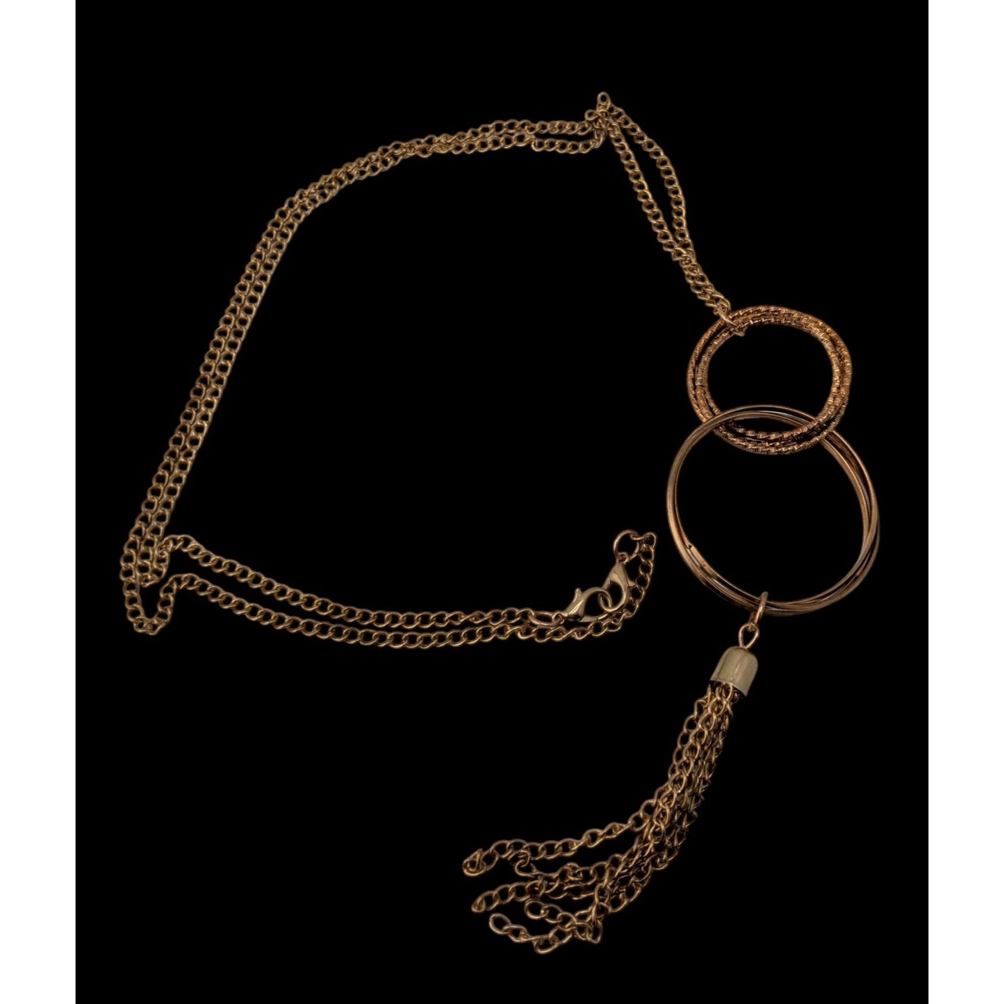 Gold Double Ring Pendant Necklace Chain Tassel Boho Statement Jewelry
