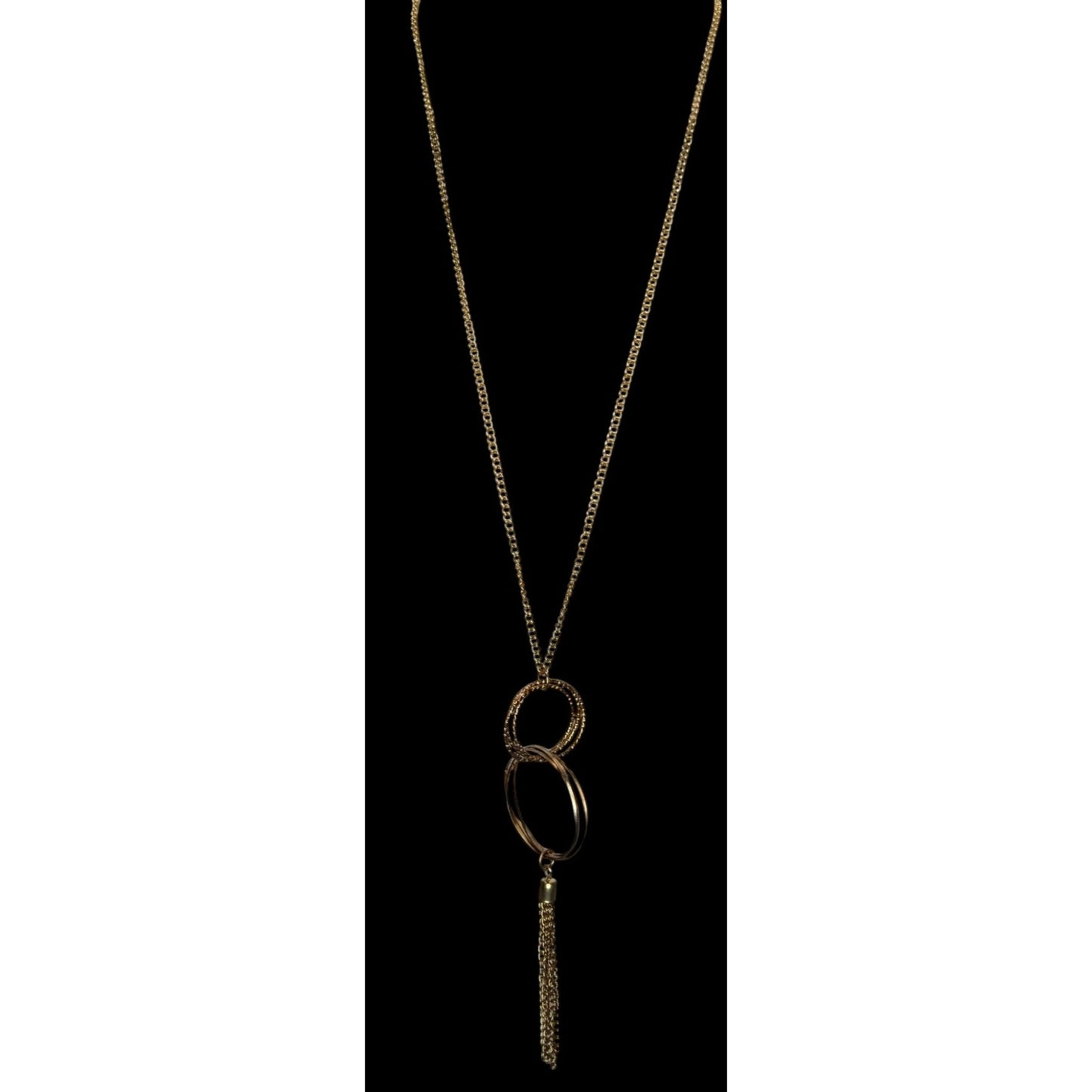 Gold Double Ring Pendant Necklace Chain Tassel Boho Statement Jewelry