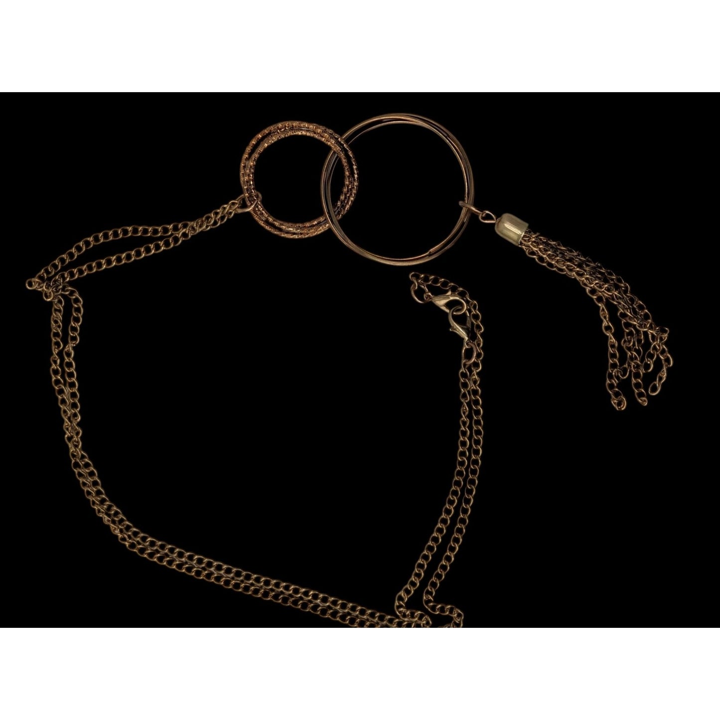 Gold Double Ring Pendant Necklace Chain Tassel Boho Statement Jewelry