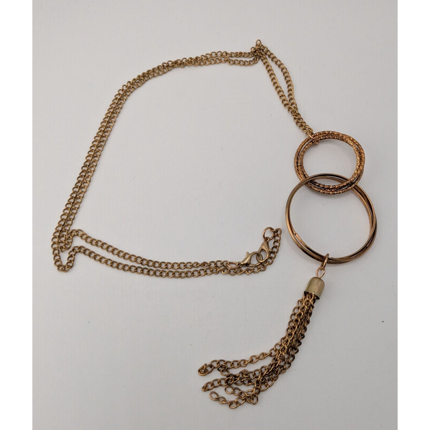 Gold Double Ring Pendant Necklace Chain Tassel Boho Statement Jewelry