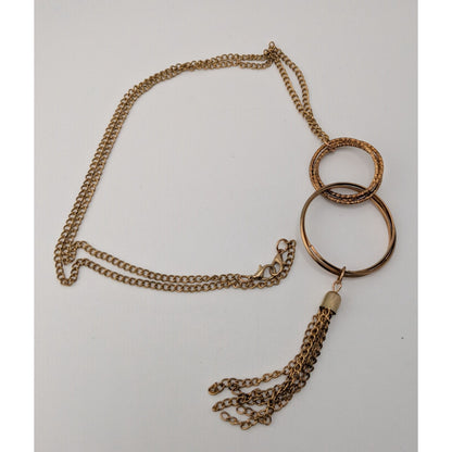 Gold Double Ring Pendant Necklace Chain Tassel Boho Statement Jewelry