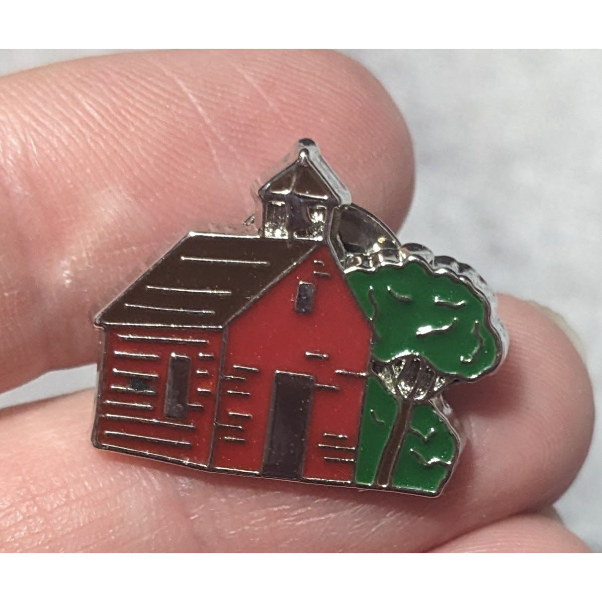 Retro Schoolhouse Barn Enamel Filled Silver Tone Lapel Pin